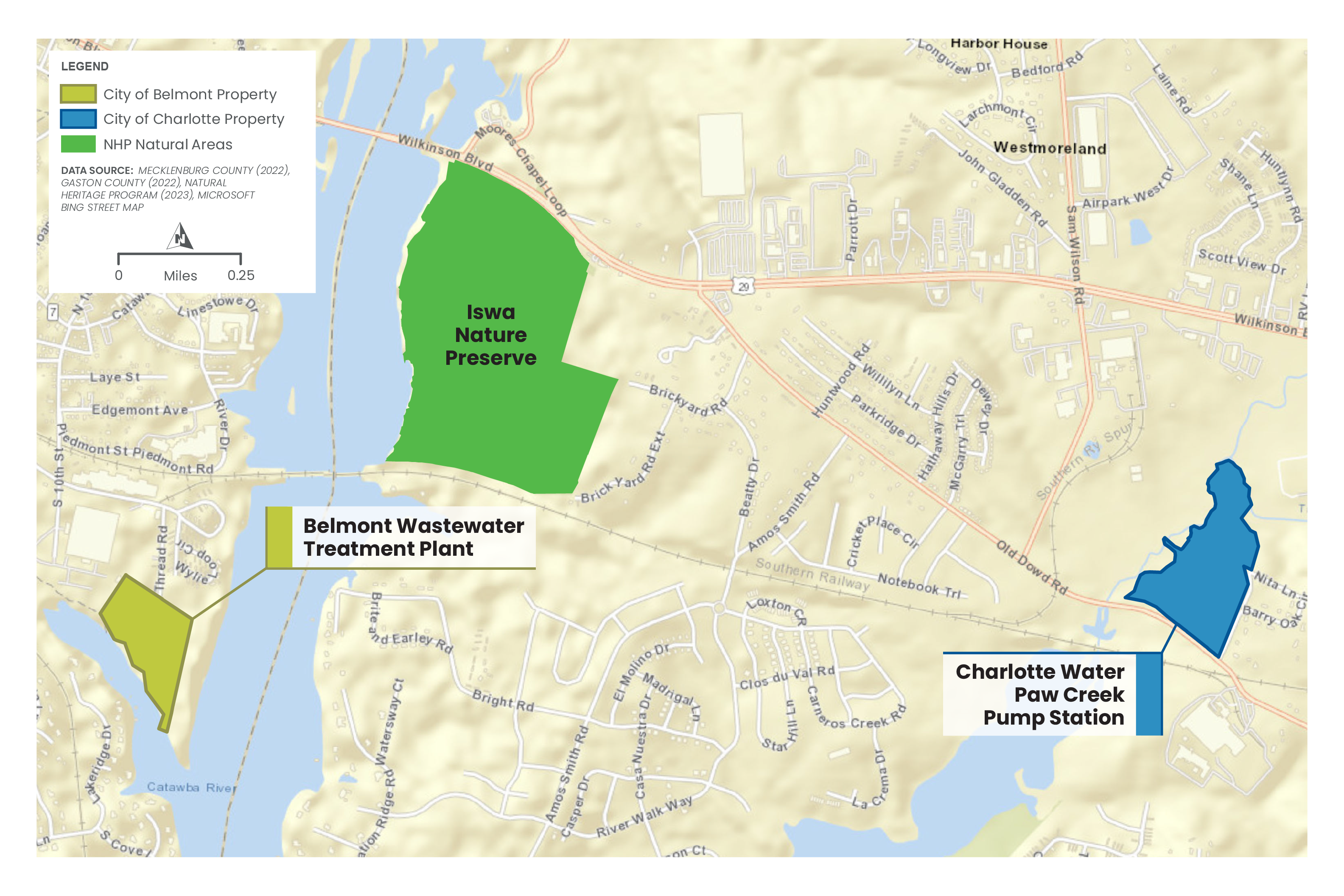 map of Belmont Pump Station, Iswa Nature Preserve, and Charlotte Water's Paw Creek Pump Station locations