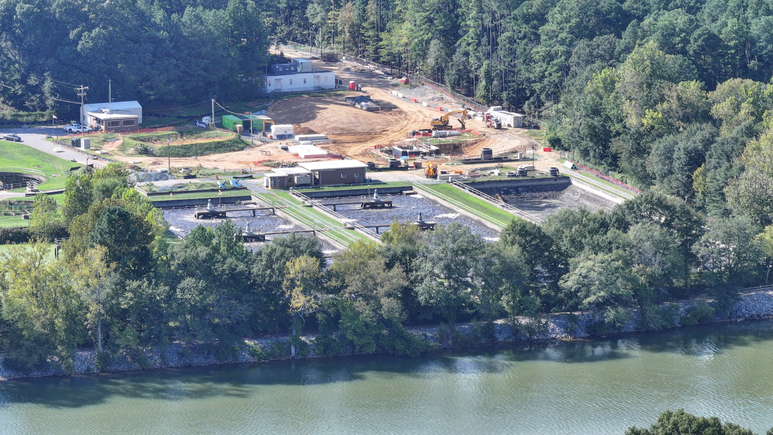 aerial photography of water treatment plant with a construction area near the Catawba River