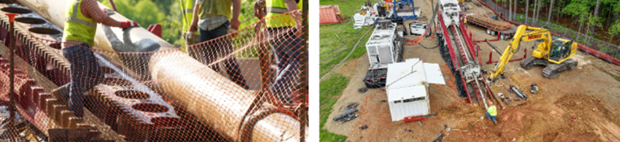 Image of a polyethylene pipe being lowered into the ground next to image of horizantal direction drill beginning to drill into the ground