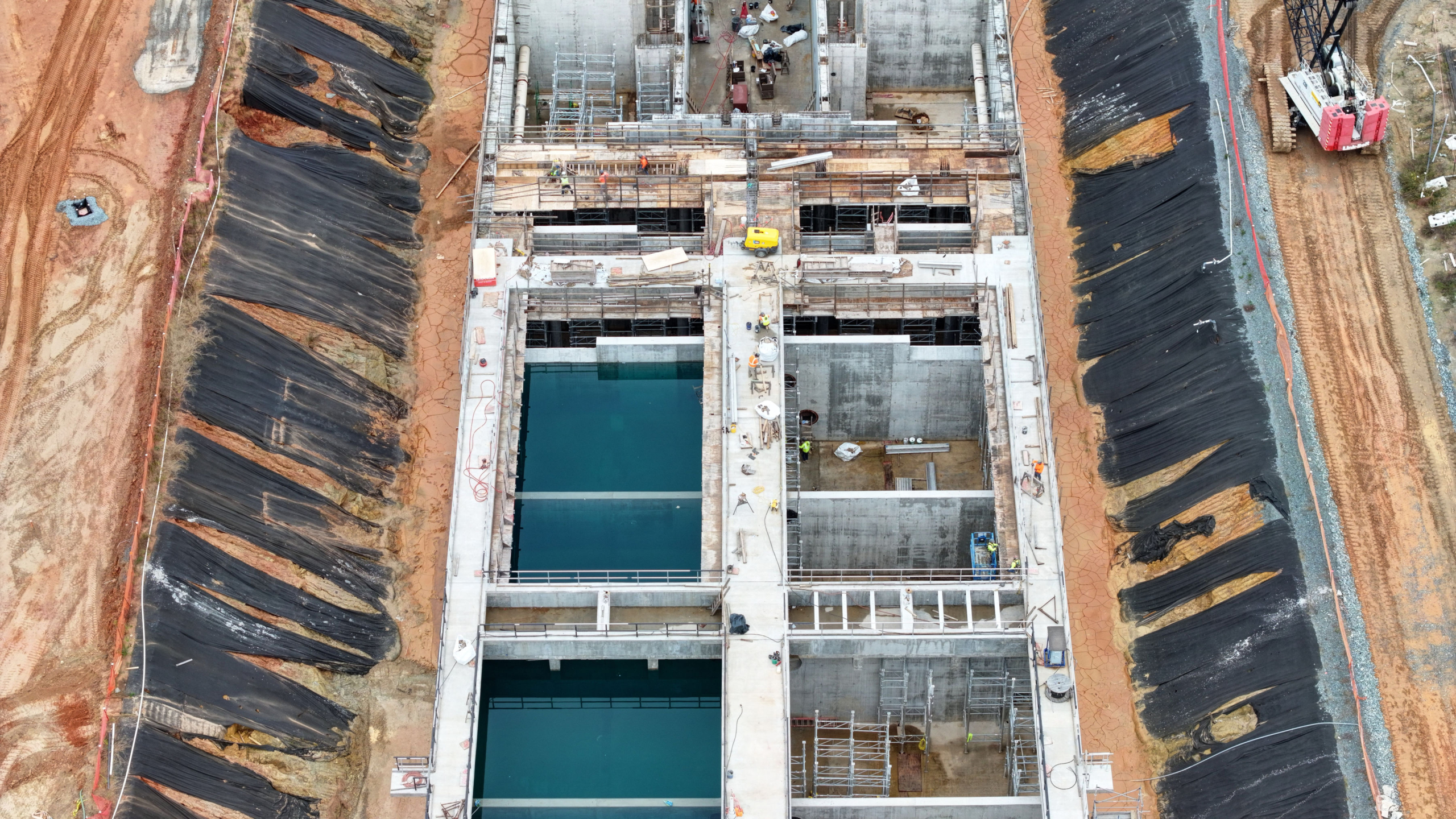 Looking down at the construction of the Biological Nutrient Removal basin.